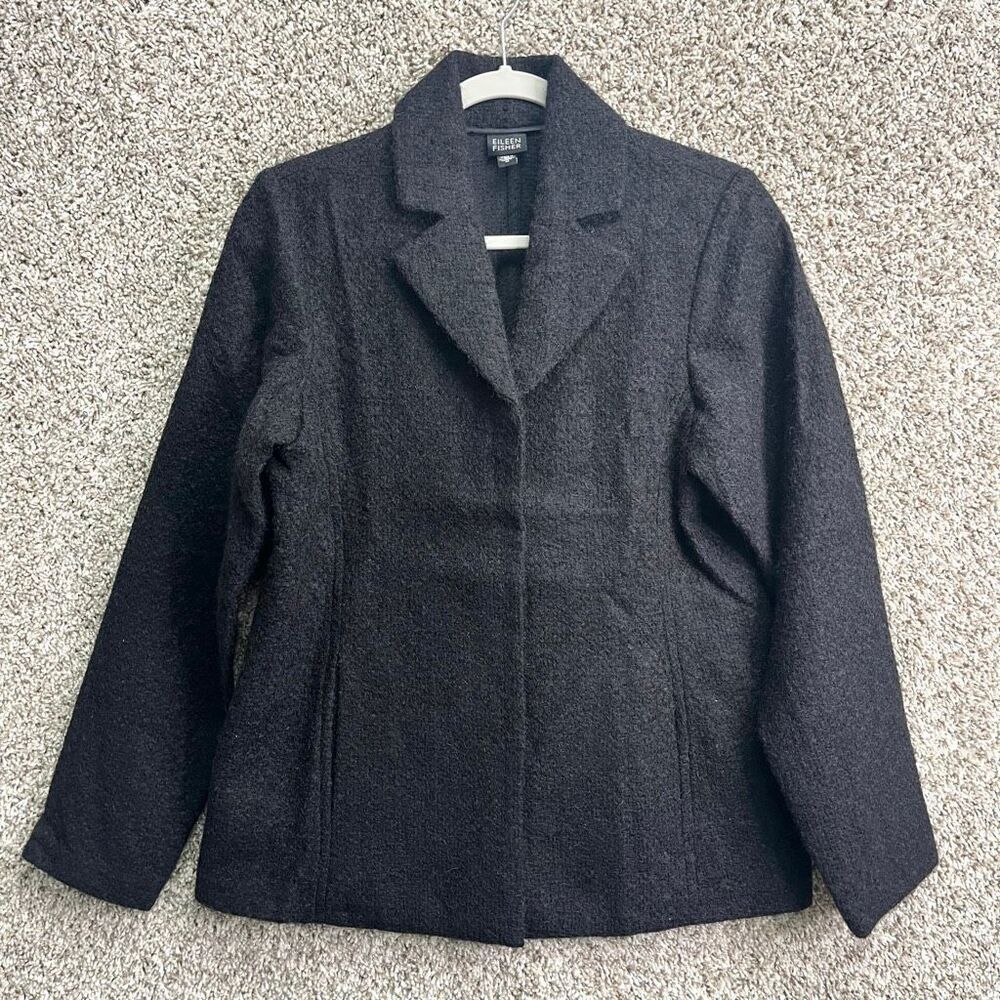 Eileen Fisher Coat Women’s Medium Black Wool, Cotton and Mohair Blend Snap Butto
